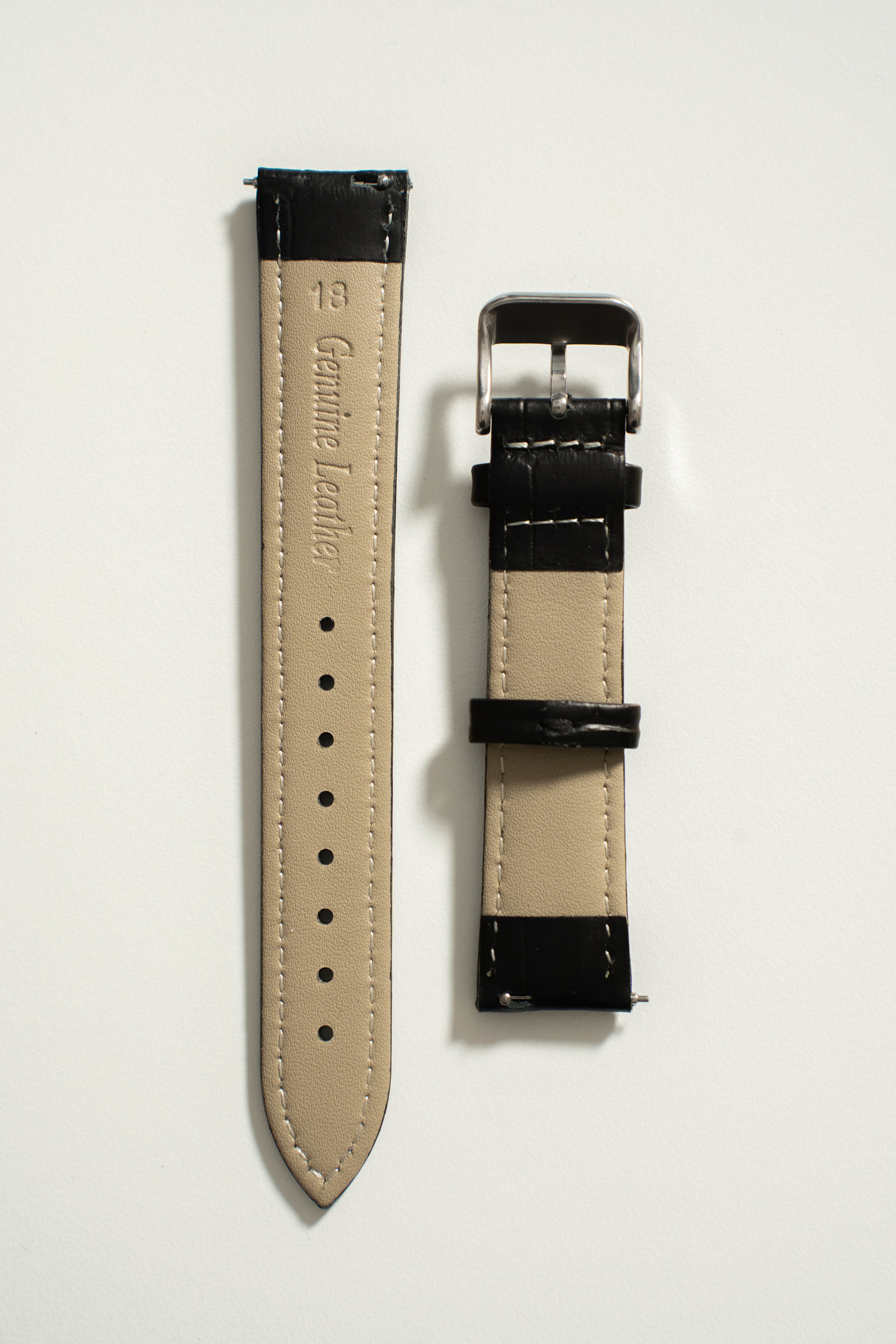 18mm Leather Watch Strap With Quick Release - Black and Silver